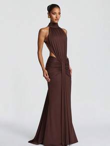 2026 New Women's Halter High Neck Ruched Slim Fit Backless Sexy Elegant Evening Gown Maxi Dress - màu nâu - Xem 1