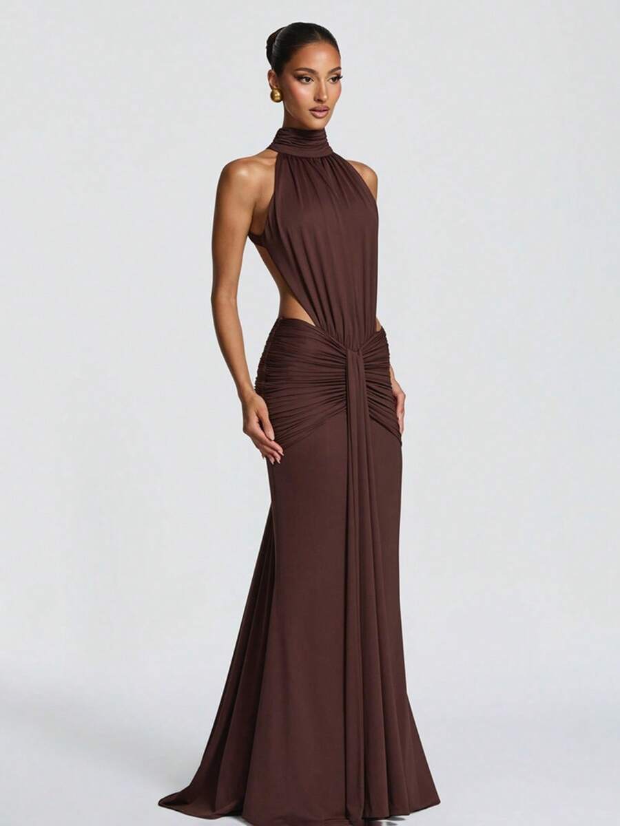 2026 New Women's Halter High Neck Ruched Slim Fit Backless Sexy Elegant Evening Gown Maxi Dress - màu nâu - Xem 1