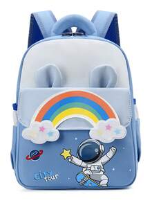 New Lightweight Comfortable Cute Astronaut Print Student Backpack, Minimalist Multi-Purpose School Bag - Blue - View 4