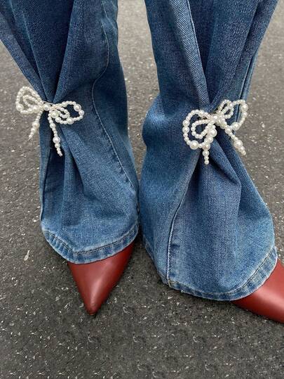 2pcs Pearl-Style Bow Leg Chain, Fashionable Metal Brooch To Shorten Leg Decoration Pants