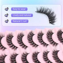 7对5-16毫米自然浓密卷翘假睫毛，蓬松柔软，D型卷翘，黑色睫毛梗带眼线效果，自然放大双眼，拯救稀疏睫毛，提亮妆容，佩戴舒适 - 黑色 - 查看 3