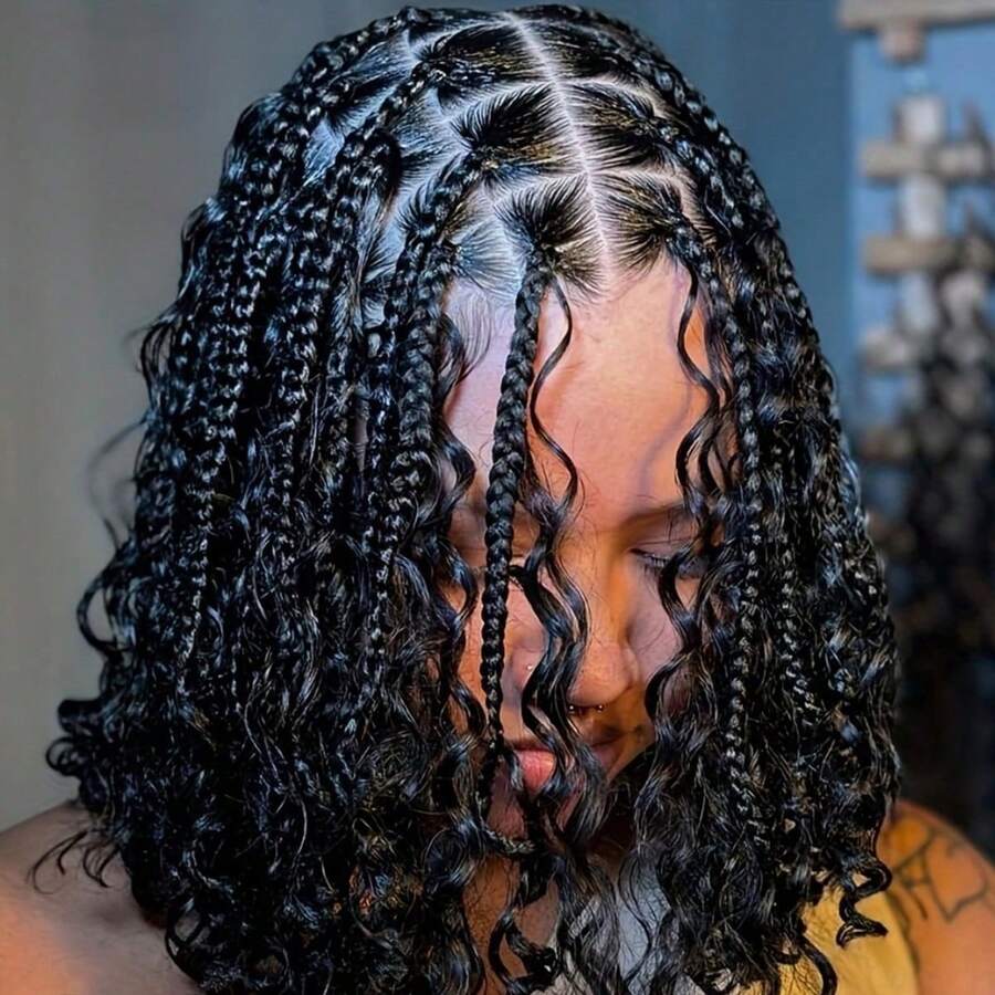 14 Inch Bob With Spiral Curls Braided Wigs Knotless Box Braided Wigs Full Lace Braid Wig With Baby Hair For Women Lace Frontal Synthetic Hair Blended Braided Wig With Boho Curls Lace Front Braids Wigs For Mother's Day Dairly Use - màu đen - Xem 1