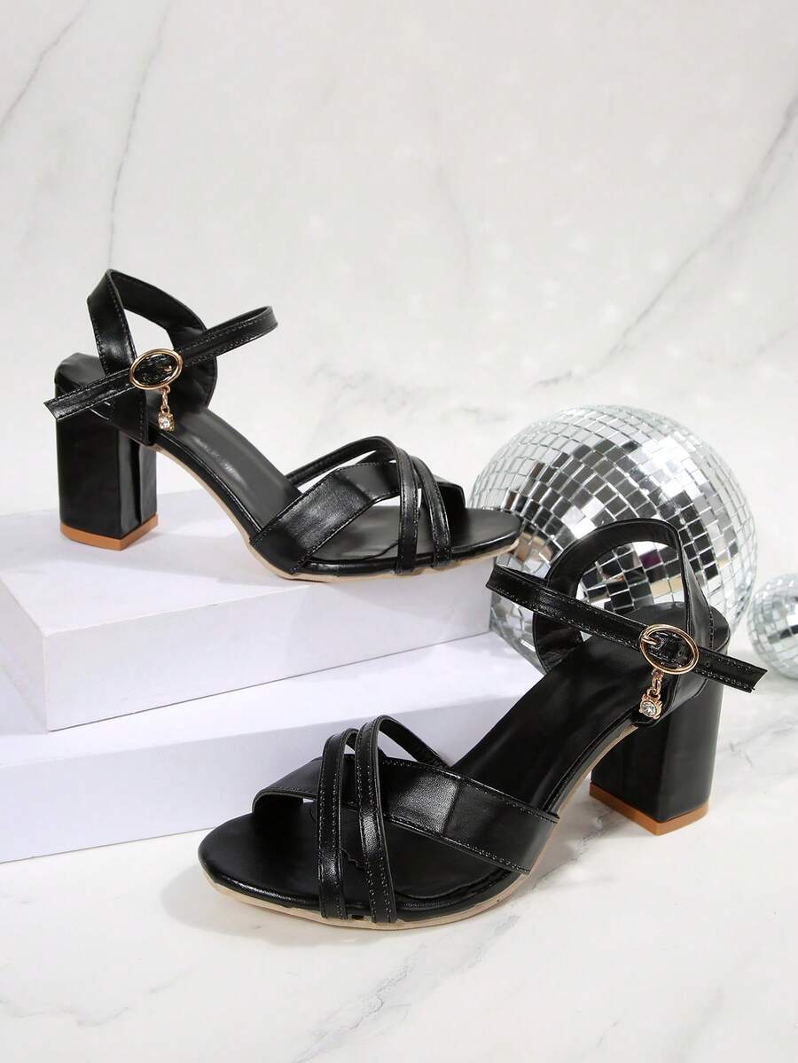 新款时尚女士舒适粗跟法式夏季凉鞋 - 黑色 - 查看 1