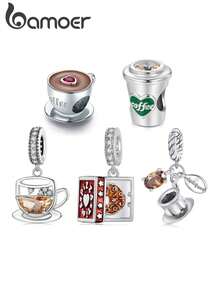 bamoer 1颗925纯银可爱咖啡杯/披萨金属珠，适合女性，欧式风格，可搭配手链DIY配件，珐琅首饰 - 銀色 - 查看 2