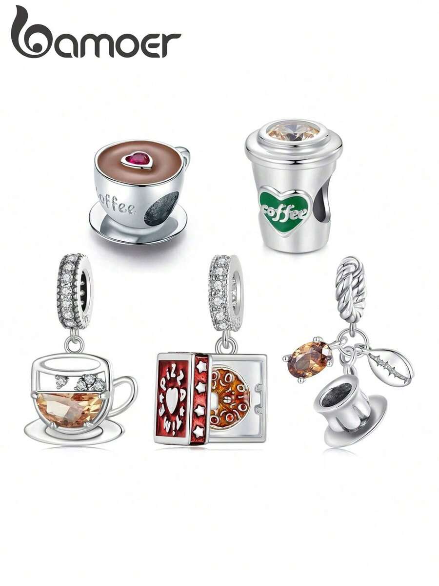 bamoer 1颗925纯银可爱咖啡杯/披萨金属珠，适合女性，欧式风格，可搭配手链DIY配件，珐琅首饰