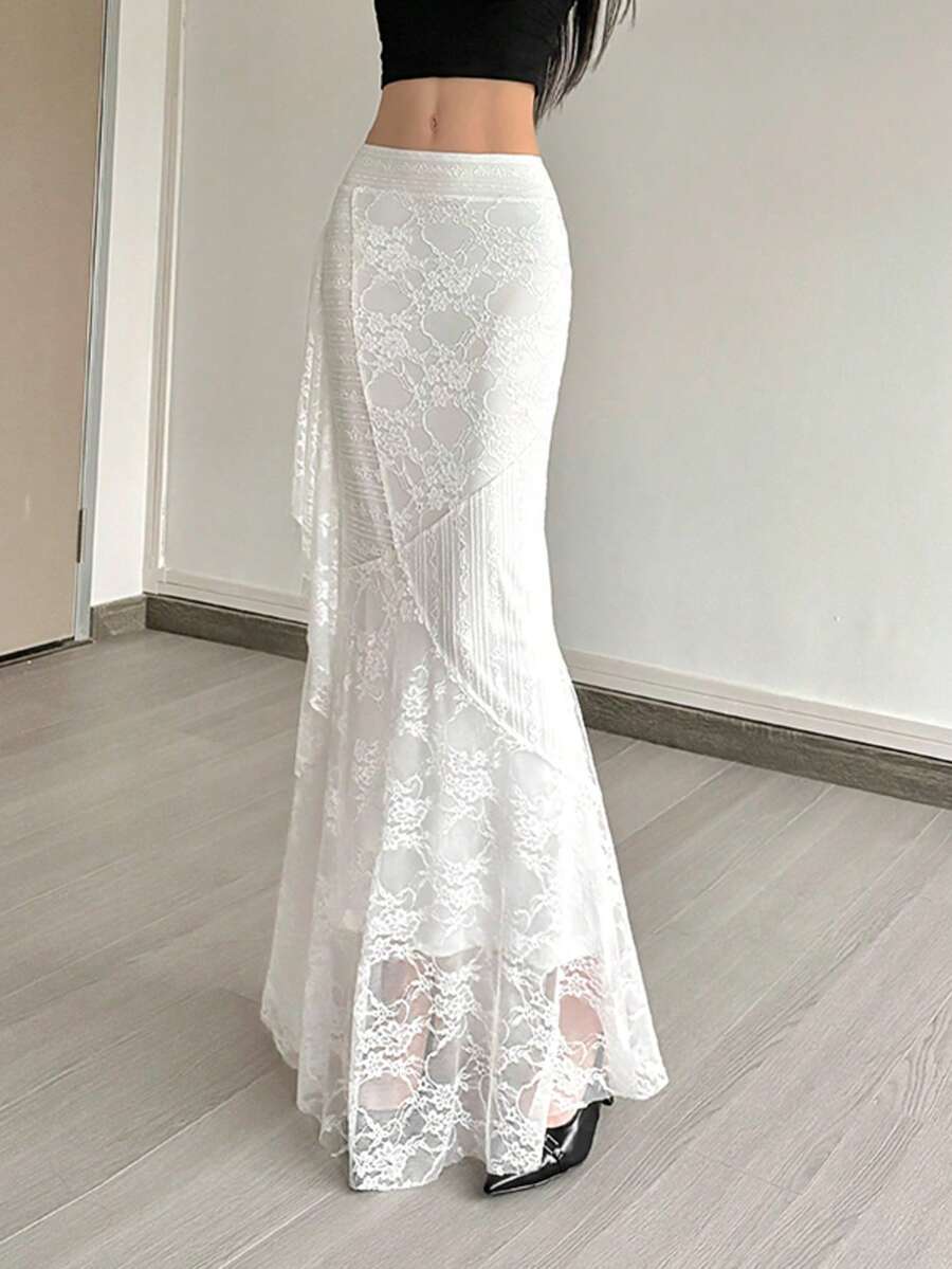 顶级炫彩女士性感派对长款美人鱼裙，撞色蕾丝细节，涤纶面料，略带弹性，适合度假旅行 - 白色 - 查看 1