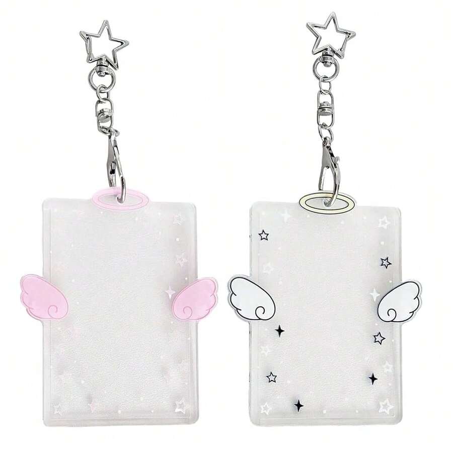 2-Piece Wing-Shaped Photocard Holder | Clear Acrylic ID Badge Display With Keychain Pendant Design | Versatile For Student, Credit, And Bus Cards | Ideal Gift For Fans - PinkPink - View 1