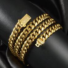 1pc 18K Gold Plated Stainless Steel 60cm Cubic Zirconia Square Clasp Cuban Link Chain Necklace, Luxury Elegant Daily Wear, Party & Street Fashion For Men - Gold - View 2