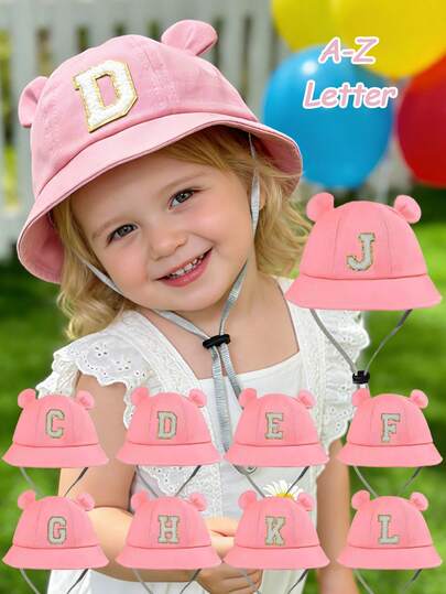 1顶女婴26字母刺绣柔软透气可调节甜美粉色熊耳渔夫帽，带防丢带，适合6个月至3岁幼儿，春夏户外活动