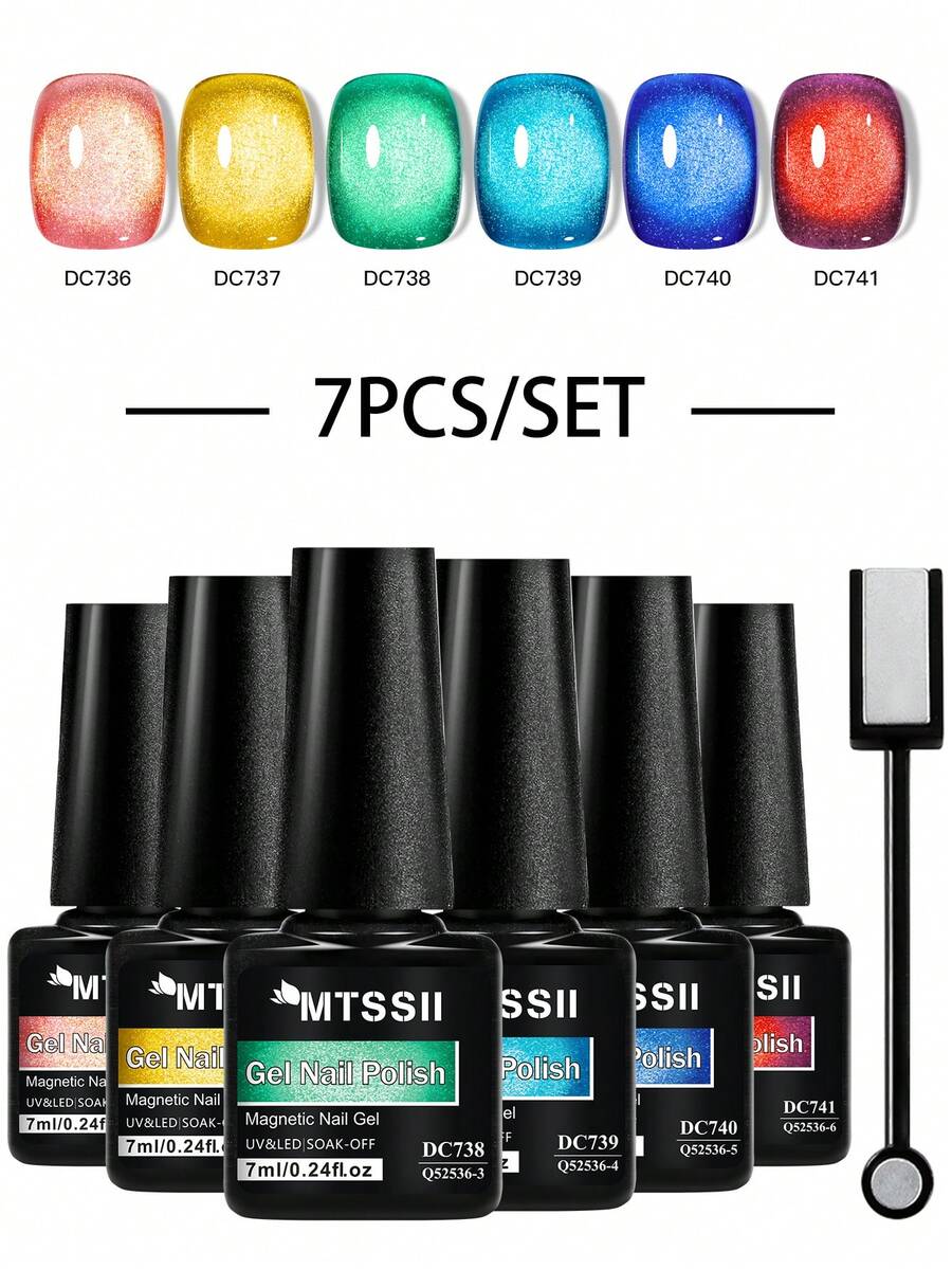 Mtssii 7pcs/Set 7ml Fantasy Dream Colored Cat Magnetic Gel, Nail Polish With Magnetic Sitck Glitter Spring Summer Soak Off Semi Permanent UV Gel Nail Polish For Nail Salon DIY For Nail Art Manicures Nail Varnishes Nail Supplies