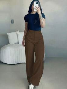 优雅简约条纹阔腿女士西装裤 - 简约专业工作裤 - 咖色 - 查看 9