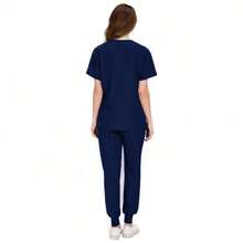 Uniform Set, Surgical Gown, Women's Surgical Outfit, Nurse & Beauty Salon Workwear, Clinical Surgical Suit Top And Pants Set, Women's Uniform, Elegant Short Sleeve V-Neck Nurse Top And Waist-Cinching Pants Set Spring - Màu xanh hải quân - Xem 3
