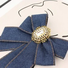 1pc Denim Pearl Rhinestone Crown Bow Brooch, Luxury Lapel Pin/Tie Clip, Suitable For Daily Wear - Blue - View 2