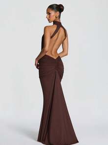 2026 New Women's Halter High Neck Ruched Slim Fit Backless Sexy Elegant Evening Gown Maxi Dress - màu nâu - Xem 2