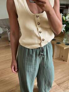 Women's Fashion Square Neck Sleeveless Knit Cardigan Vest With Buttons - White - View 2