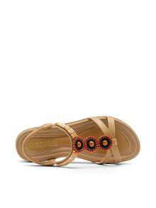 Comfortable Dressy Summer Flat Sandals For Women, Cute Elastica Ankle Strap Ladies Elegant Bohemian Vacations Beach Sandals - 杏色 - 查看 4