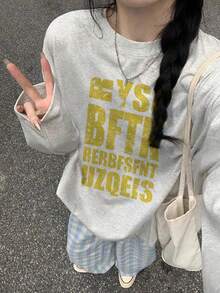 Street Style American Design Letter T-Shirt For Women, Loose Fit Casual Versatile, Black Long Sleeve Top, Autumn Spring - Gray - View 5