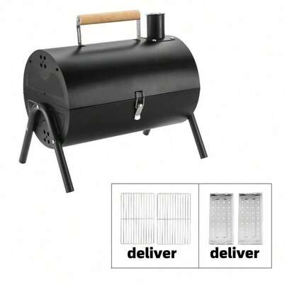 1 Portable Double-Sided Folding Charcoal Grill - Essential For Outdoor Cooking & Camping, Black Stainless Steel Smoker With Wooden Handle, Suitable For Grilling Shrimp, Meat & Vegetables, Smokeless Foldable Barbecue Grill, Charcoal Burner For Outdoor Camping Home Use