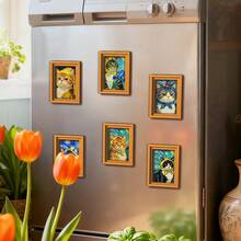 1/6pcs Interesting Cat Painting Fridge Magnets, Creative 3D Mini Photo Frame Fridge Stickers, Kitchen Office Home Decor Aesthetic Art Gift - Cat Magnetic Sticker - View 4