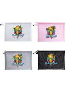 热带鹦鹉椰树印花网眼化妆包；旅行洗漱收纳包/学生文具笔袋/便携式口红粉饼盒/耳机线收纳包/零钱包/防水沙滩包；大容量透明拉链手拿包 - 彩色 - 查看 1