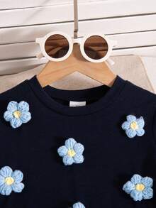 Vestido de manga corta hasta la rodilla con estampado de rayas y flores en parches, para niñas, primavera/verano - Azul - Ver 3