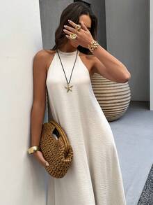 杏色无袖亚麻吊带A字连衣裙，休闲度假大码连衣裙，春夏派对优雅装扮 - 杏色 - 查看 4