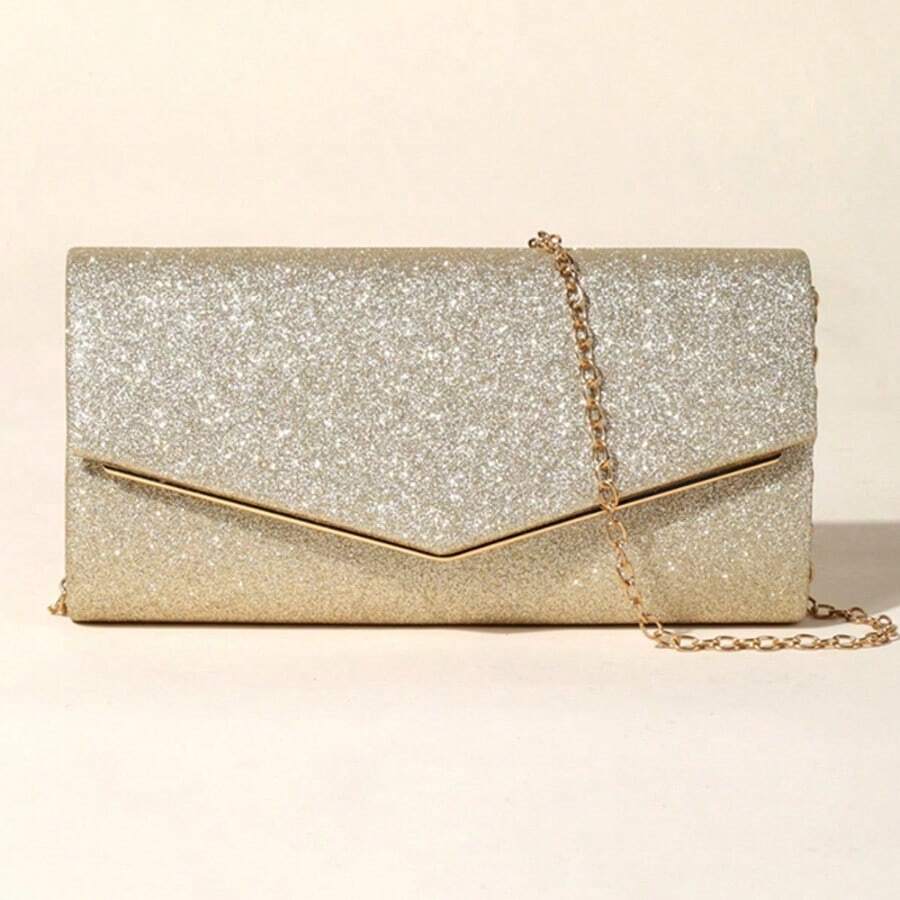 Glam Glitter Envelope Clutch Bag For Women, Elegant Evening Handbag With Gold Chain Strap, Metallic V-Flap Sparkly Party Prom Wedding Shoulder Crossbody Bag - 金色 - 查看 1