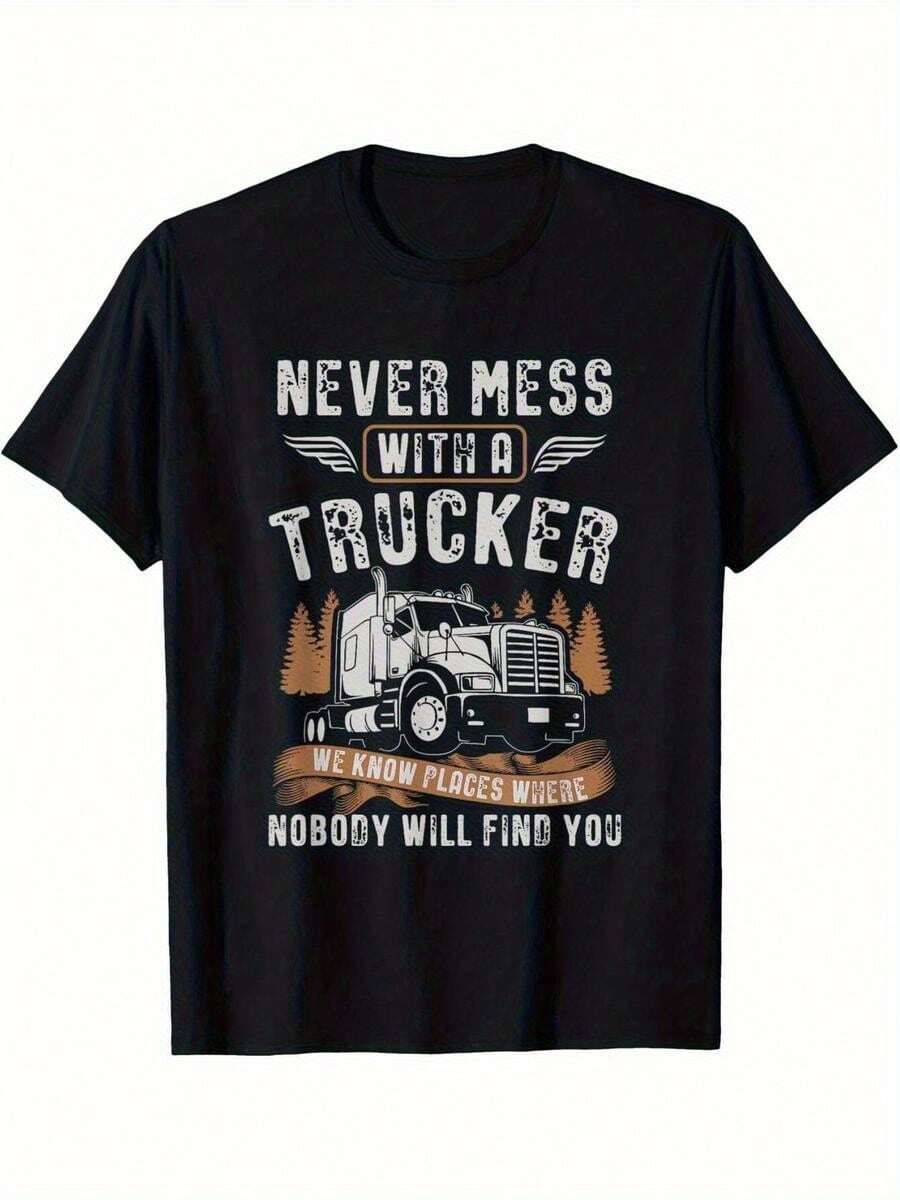 "Don't Mess With Truck Drivers" Graphic T-Shirt - Bold Half-Body Graphic With Wings, Loose Crew Neck, Durable T-Shirt, Suitable For Truck Drivers, Logistics Professionals, Father's Day Gift (Birthday/Father's Day Gift) - Comfortable Casual Clothing - Black - View 1