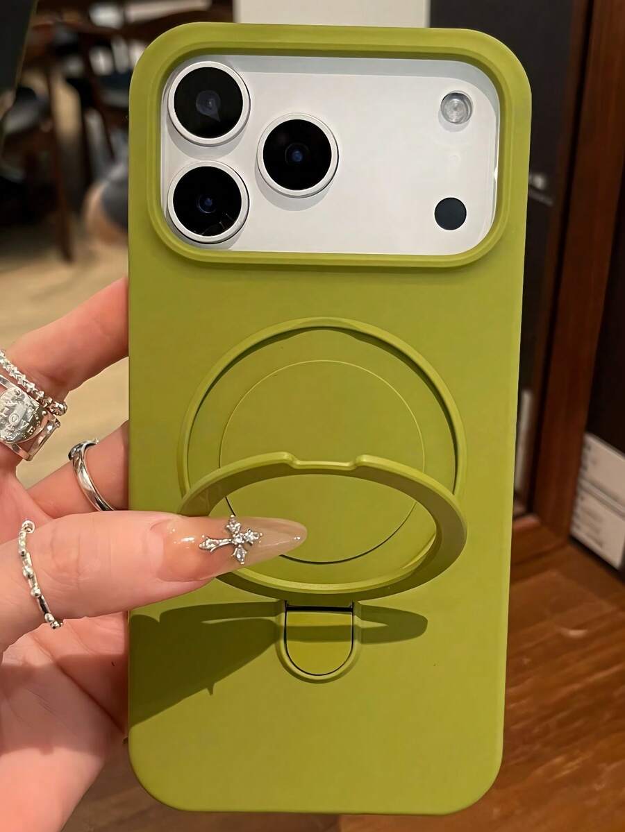 1pc Luxury Matte Silicone Invisible Ring Holder Phone Case, Compatible With IPhone 17 Air 16 15 14 13 12 11 Pro Plus Max, Supports Wireless Charging - Dark Green - View 1