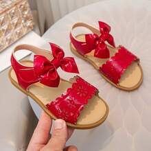 一双甜美的公主风红色蝴蝶结凉鞋，饰有镂空花朵和波浪形蕾丝，适合春夏穿着，也适合日常生活、派对、节日、海滩玩耍和其他场合。 - 紅色 - 查看 13