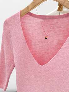 Comfortable, Skin-Friendly Knit Sweater, Fitted Silhouette, Short Sleeve, V-Neck, Elastic, Casual Elegant Versatile, Suitable For Commuting, Suitable For Summer And Autumn/Winter Pink - Pink - View 4