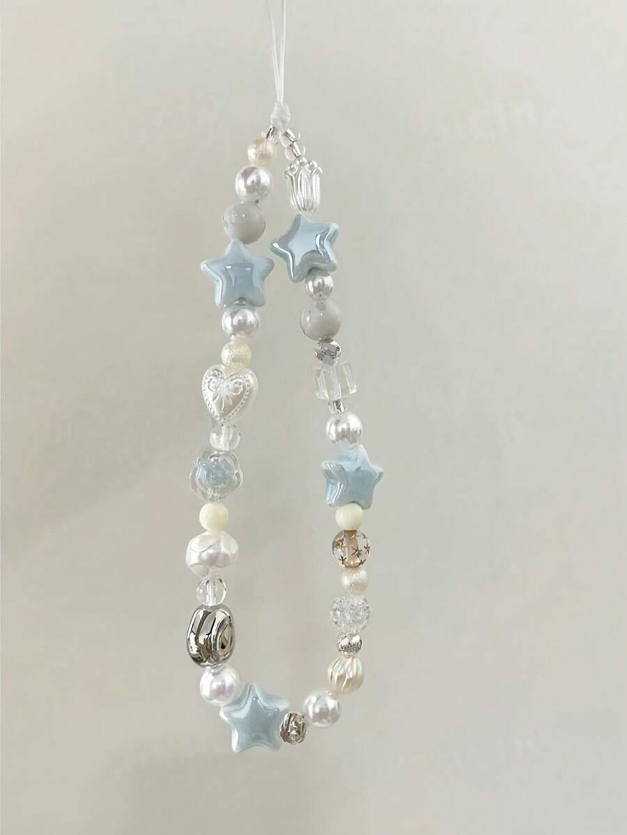 1条夏季海盐星形手机挂绳串珠CCD链，清新简约手机壳吊坠，防丢挂绳，Y2K风格礼物，送给母亲、家人、朋友的生日、节日手机挂饰 - 藍色 - 查看 1