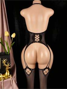 Purely Seductive, This Hot Girl Off-The-Shoulder Fishnet Jumpsuit Features A Sexy Cutout Design, Creating A Highly Alluring Atmosphere. HWCE - 黑色 - 查看 6