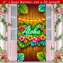 Hawaiian ALOHA Door Curtain Banner, 71x35 Inches In Size, Neon ALOHA Hibiscus And Palm Leaf Pattern Front Door Decoration, Tropical Pattern Porch Decoration, Suitable For Outdoor Family Parties And Festival Decoration. - 71in*35in - Xem 1