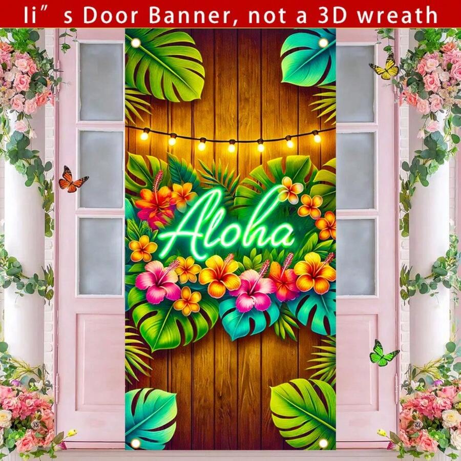 Hawaiian ALOHA Door Curtain Banner, 71x35 Inches In Size, Neon ALOHA Hibiscus And Palm Leaf Pattern Front Door Decoration, Tropical Pattern Porch Decoration, Suitable For Outdoor Family Parties And Festival Decoration. - 71in*35in - Xem 1