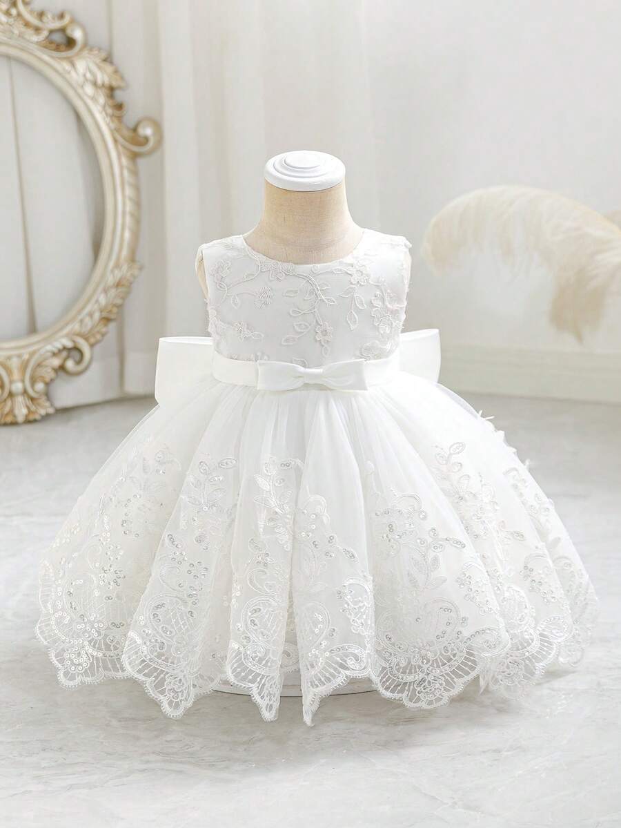 Baby Girls' Embroidered Sequin Mesh White Sleeveless Backless V-Neck Dress With Detachable Big Bow, Sweet Princess Dress Suitable For 1st Birthday, Party, Christening, Vacation, Formal Occasion, Flower Girl Wedding - trắng - Xem 1