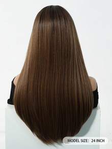 24英寸长直发，棕色，中分，顶部染成黑色，采用高温合成角蛋白纤维制成，优雅的假发，适合日常佩戴、节日和派对场合。 - 巧克力棕 - 查看 5
