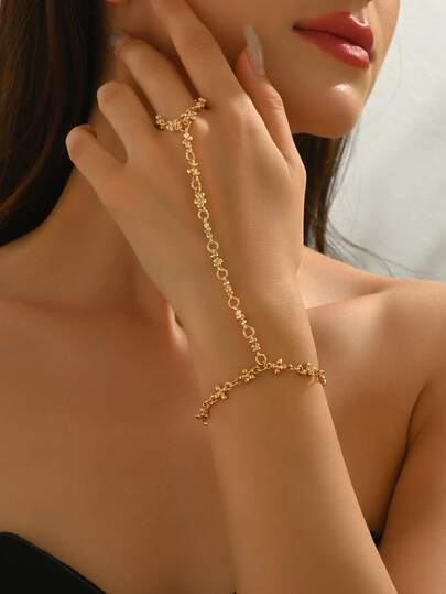 1pc Fashionable Floral Finger Chain, Elegant Versatile Handmade Gold-Tone Link Chain Finger Jewelry Suitable For Daily Wear, Photo Shoots, Dates And Parties. Chain Length Can Be Customized By Cutting Links.