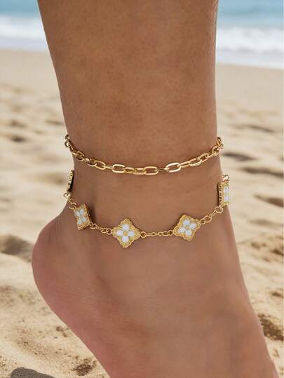 Tobillera de doble capa con diseño floral de verano, joya de playa de diseño único como regalo para mujeres