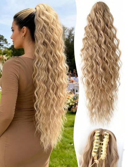 Ombre Colored Claw Ponytail Extension Hair Accessory 26 Inches Long Natural Water Wave Heat-Resistant Fiber Synthetic Ponytail Wig, Suitable For Women's Daily Use