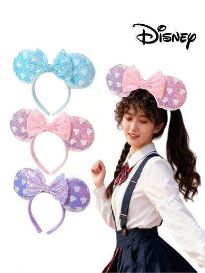 Disney 1-Piece Set Of Headbands, Cartoon-Themed Hair Accessories, Suitable For Everyday Wear. Includes A Soft Bow Tie, Adorable Minnie Mouse Ear Clips, And Cartoon-Themed Hair Accessories. Stylish Hair Accessories Designed For Women, Perfect For Valentine's Day, Headbands, Hair Clips, And Headbands.New European And American Mickey Mouse Headband With Sequins, Minnie's Butterfly-Themed Hair Accessory, Perfect For Festivals, Parties, And Amusement Parks.