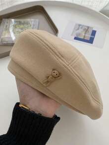 Boina de mujer con diseño de oso, estilo japonés retro, de tela de lana, gorra de artista. Ideal para otoño/invierno, agregando un encanto elegante y de moda. Adecuado para el uso diario para mantener el calor y proteger del viento. - Multicolor - Ver 3