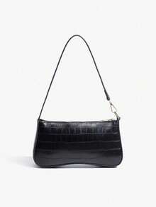 1pc Girl's Baguette Shoulder Bag, Crocodile Embossed Minimalist Underarm Bag, Suitable For Daily Gatherings, Vacations, Travels, Ideal Gift Choice - Black - View 4