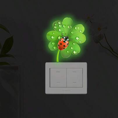 1pc Glow-In-The-Dark Green Grass Switch Sticker, Lucky Ladybug Luminous Sticker, Self-Adhesive Removable Home Bedroom Living Room Light Switch Decor