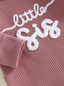 Baby Girls Romper Letter Embroidery Long Sleeve Round Neck Back Ruffled Jumpsuit with Bow Headband - Morado - Ver 6
