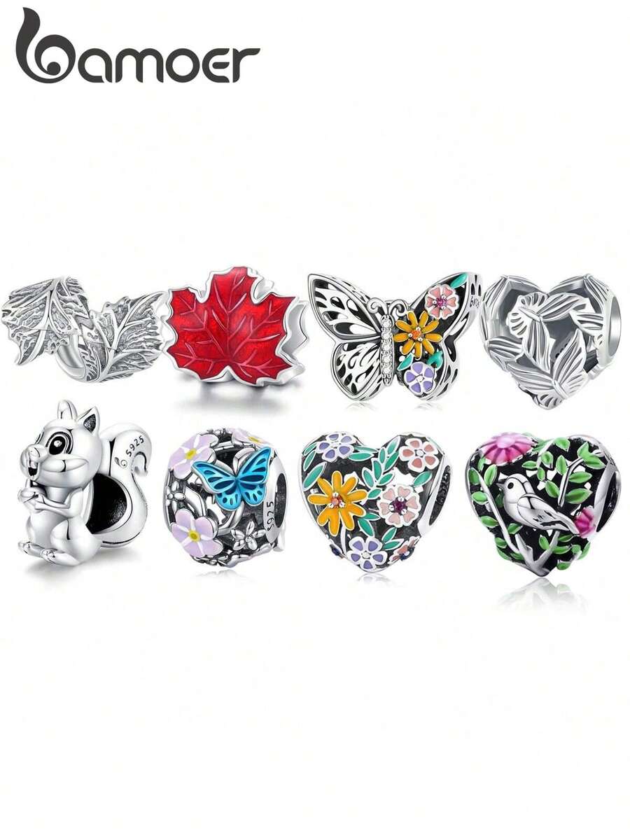 bamoer 1件925纯银复古花卉、蝴蝶、松鼠、枫叶吊坠，适合DIY手链、派对礼物、情人节礼物 - 銀色 - 查看 1