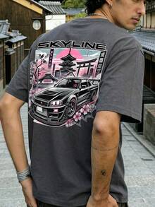 Fractyr Men's Fashionable Printed Loose Short Sleeve T-Shirt | Exquisite Design | Racing Car & Cherry Blossom Print | Summer Essential | Easy To Match, Showcase Your Style - Dark Grey - View 7