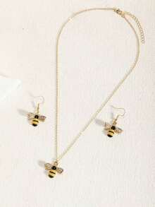 1 pieza Collar + 1 pieza de Aretes Moda de gama alta Elegante Lindos Conjunto de joyas de varias piezas con colgante de insectos de strass y perlas falsas en colores llamativos, adecuado para uso diario, vacaciones y regalos - Conjunto de collar y pendientes de abeja - Ver 2