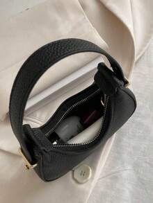 Mini Cute Solid Black Handbag For Women, Fashionable High-Quality Lightweight Crescent Shaped Shoulder Bag , Cute - Black - View 8