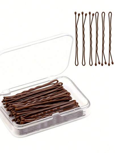 50pcs 2-Inch Coffee-Color Durable Iron Alloy Hair Clips Set, Strong Grip, Securely Holds Hair, Suitable For Daily Commute And School, Comes With Transparent Storage Box, Minimalist Design For Tidy Hairstyles, Ideal For Simple Style